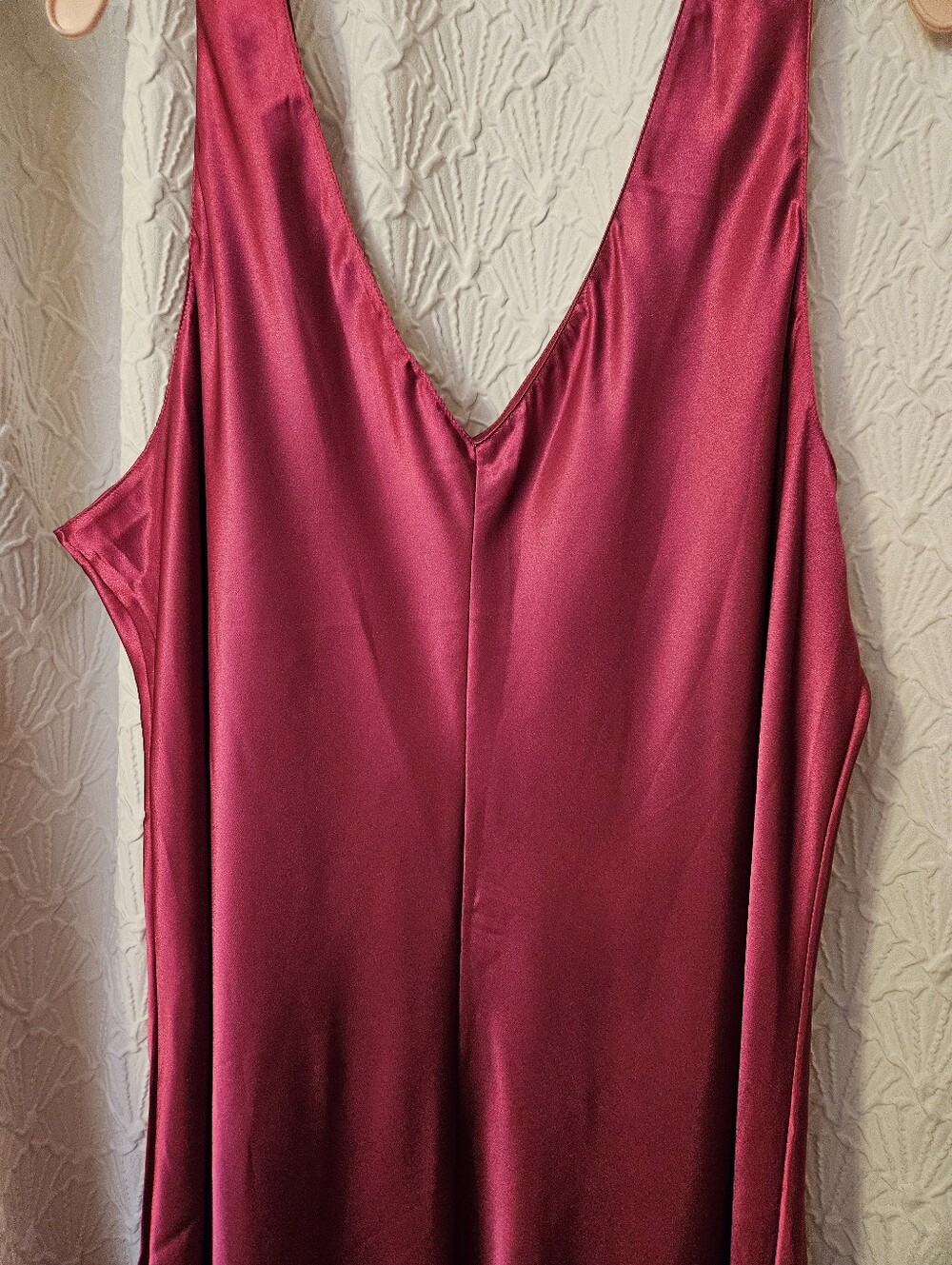 Silky V-Neck Burgundy Satin Slip Dress with Floral Embroidery - Picture 8 of 10